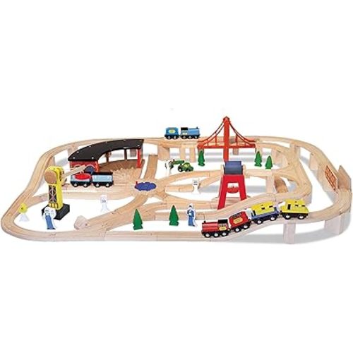 Melissa & Doug Wooden Railway Set, 130 Pieces - Wooden Train Set for Toddlers Ages 3+