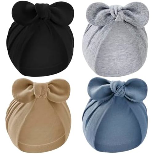 Zando 4PCS Baby Hats with Big Bow Cotton Hat Breathable Newborn Hats for Boys Girls Toddler Hospital Hat Baby Turban 0-2T