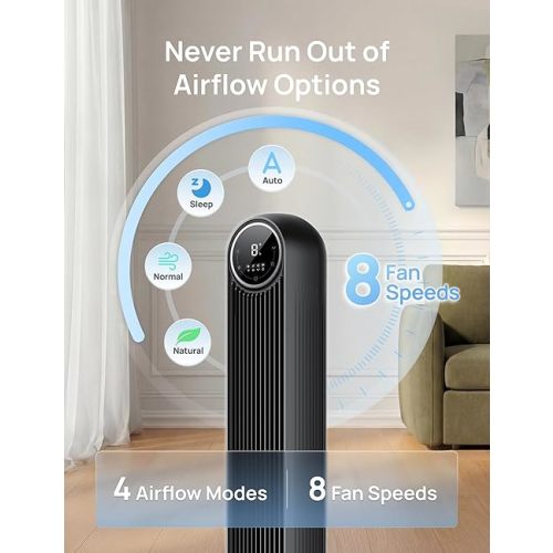 DREO Tower Fan for Bedroom, 2026 Upgraded DC Motor, 28ft/s High Velocity, 20dB Ultra Quiet Standing Fan, 8 Speeds 4 Modes, 90° Oscillating Bladeless Fan for Indoors, Floor Fans with Remote, Black