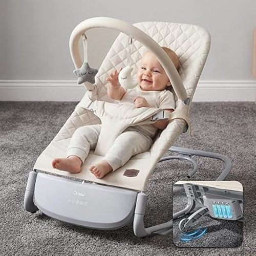 Orzbow Electric Baby Bouncer & Rocker with Innovative Auto Rocking Motion, Adaptable 3-Speed, Smart Tap Sensing, Soothing Sounds, and 3 Recline Positions, 2-in-1 Automatic Baby Rocker Chair, Beige