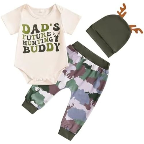 MAYUMMPY Baby Boy Girl Summer Outfits Short Sleeve Letter Print Romper Camouflage Pants Set Infant Buddy Clothes