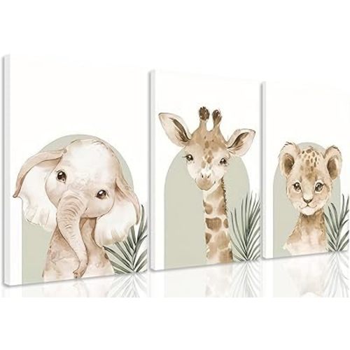 HNNXAR Nursery Canvas Wall Art Set Of 3 Baby Boy Girls Kids Room Picture Wall Decor Jungle Safari Lion Elephant Giraffe Poster Painting Cute Animal Prints For Children Toddlers Bedroom 12x16 Framed