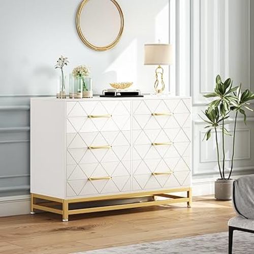 Dresser for Bedroom with 6 Drawer Double Dressers, Modern Wooden Dresser Chest, Beside Table for Closet, Nursery, Living Room, White