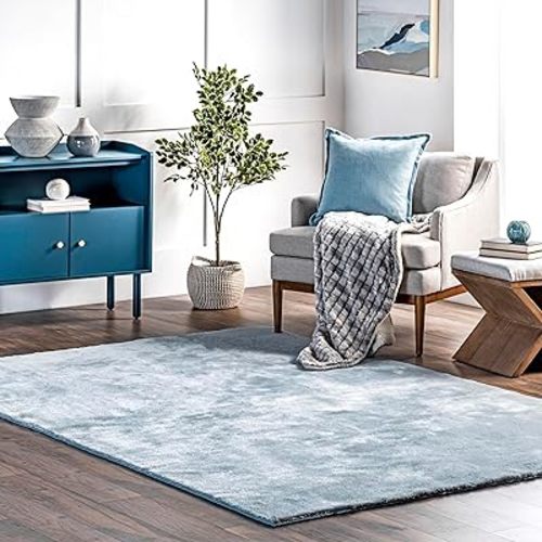 nuLOOM 4' x 6' Cozy Plush SuperiorWash Area Rug, Machine Washable, Non-Slip, Soft Fluffy Shag Carpet for Living Room Bedroom Kids Room Nursery Home Decor, Loni Light Blue