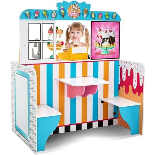 Lil' Jumbl Double-Sided Ice Cream Parlor Playset for Kids, Wooden Pretend Diner Set, Kitchen Set with Cash Register, Burners, Faucet & Dispenser are Battery Operated and Make Realistic Sound & Light