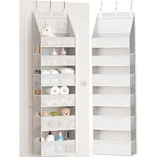 Criusia Over the Door Organizer, Heavy-Duty 6-Shelf Hanging Storage with 13 Mesh Pockets, 55lbs Capacity Behind the Door Storage for Nursery, Bathroom, Bedroom, and Dorm, White