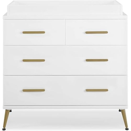 Delta Children Sloane 4 Drawer Dresser with Changing Top, Bianca White w/Melted Bronze