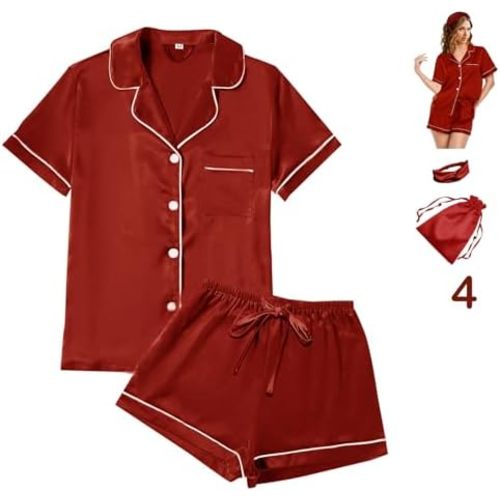 4Pcs Womens Satin Silky Pajama Sets Short Sleeve Shirt XS-4XL Floral Pajamas Set Soft PJ Loungewear Sleepwear