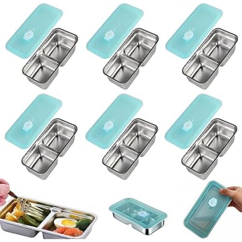 Grab and Go Snack Containers Reusable, 6 Pcs Stainless Steel Double Compartment Snack Containers, Dishwasher- Reusable Condiment with Lids for Snacks Dips and Outdoor Camping
