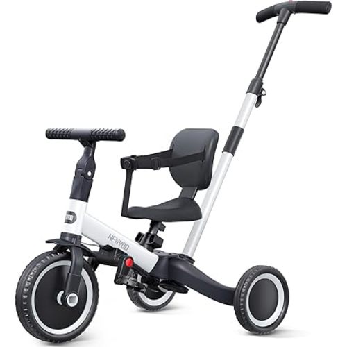 newyoo Toddler Bike, 4 in 1 Tricycles for 1,2,3 Year Olds, Balance Bike, Birthday Gift and Toy for Boys and Girls, Kids Tricycle with Parent Steering Push Handle, Removable Pedals, White, TR007
