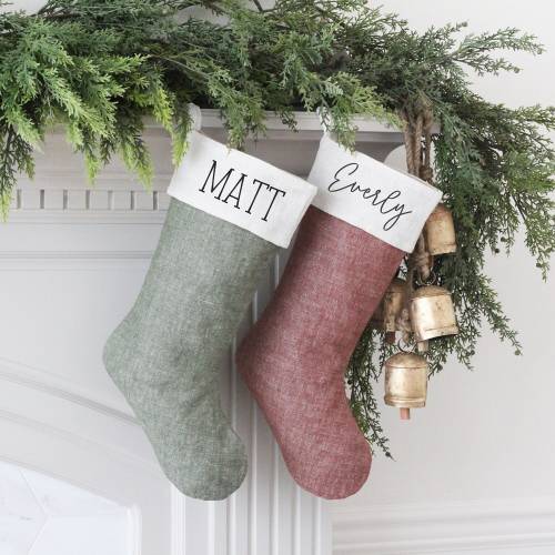 Christmas Stocking Personalized | Customized Name Stockings | Red Stocking | Green Stocking | Stonewashed Linen Stocking | Custom Xmas Sock