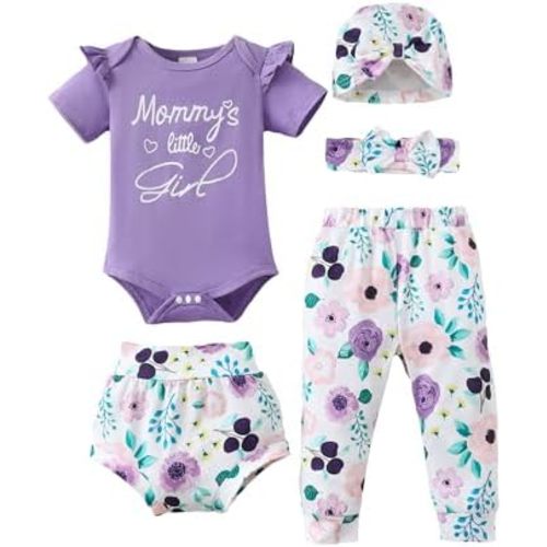 SUNNY PIGGY Baby Girl Clothes Infant Newborn Girls Outfit Short Sleeve Romper with Headband 5Pcs Set