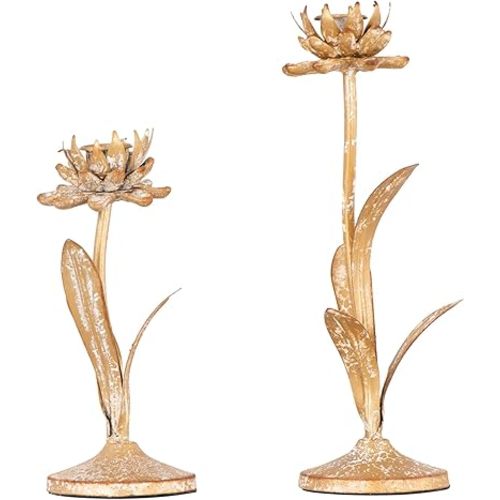 Creative Co-Op Cut Metal Flower Shaped Taper Candle Holder in Distressed Gold Finish (Set of 2 Sizes)