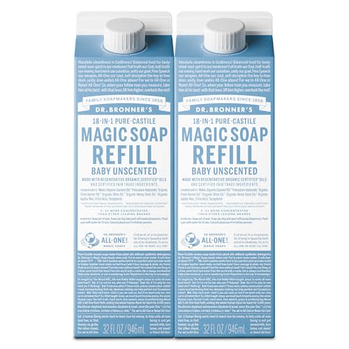 Dr. Bronner's Magic Soap-Pure-Castile Liquid Refill (Baby Unscented, 32 ounce, 2-Pack) - Regenerative Organic Certified Oils, For Body, Hair, Laundry, Pets & Dishes, Concentrated, Vegan, Non-GMO
