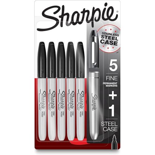 SHARPIE Permanent Markers with Stainless Steel Marker Case, Fine Point, Black, 6 Count