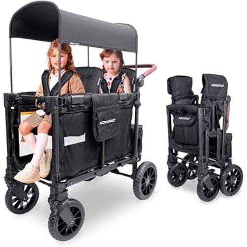 WONDERFOLD W2 Luxe Pro Stroller Wagon (2 Seater) - Collapsible Wagon Stroller with Seats Featuring 5-Point Safety Harnesses and Adjustable Sun Canopy, Jet Black