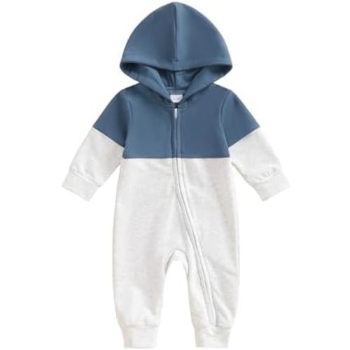 allshope Newborn Baby Boy Fall Outfit Romper Long Sleeve Hooded Contrast Color Zipper Jumpsuit Bodysuit Infant Clothes