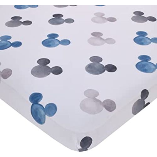 Disney Mickey Mouse - Black, White and Blue Watercolor Mickey Ears Nursery Fitted Mini Crib Sheet