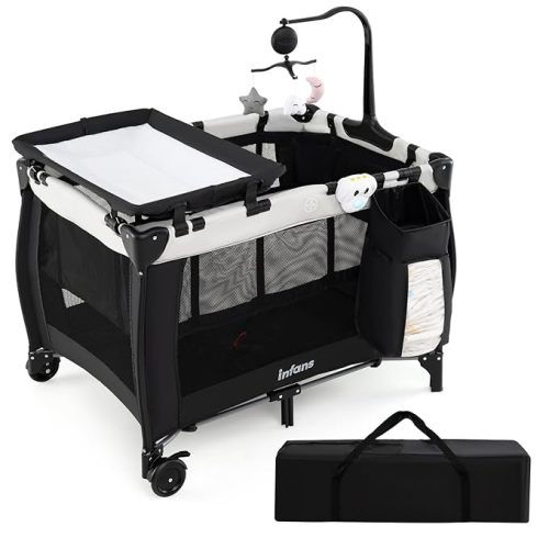 INFANS 3 in 1 Pack and Play, Portable Travel Baby Bassinet with Detachable Mattress, Changing Table, Foldable Playpen with Carry Bag, 2 Wheels (Morden)