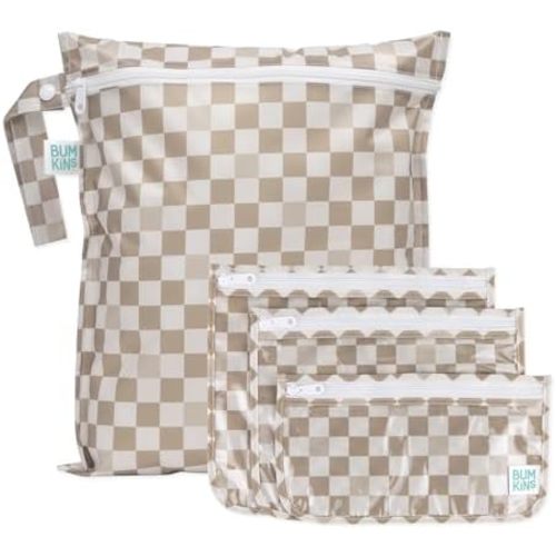 Bumkins Waterproof Wet Bag and Packing Pouches, TSA Airline Compliant, Pack for Baby, Travel, Swim Suit, Cloth Diapers, Pump Parts, Pool, Gym Clothes, Toiletry, Daycare, Zip Bag, 4-pc Set Beige Check