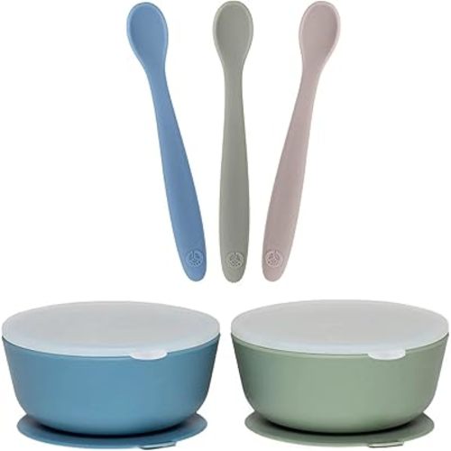 WeeSprout 3 Silicone Baby Spoons & 2 Bowls with Lids Bundle - Soft-Tip, Bendable Feeding Utensils - Durable, Travel-Friendly, Dishwasher Safe - Blue & Green