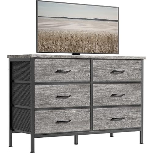BOLUO Grey Dresser for Bedroom 6 Drawer, Fabric Dresser TV Stand for 50" TV Dressers & Chests of Drawers for Closet Modern