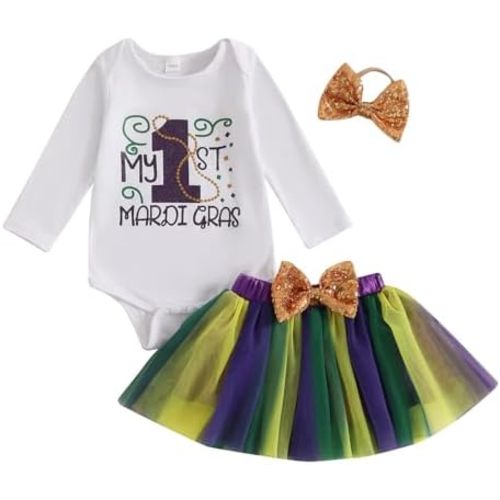Toddler Baby Girl Mardi Gras Outfit Long Sleeve Letter Print Romper Mesh Tutu Bloomer Skirts Spring Clothes