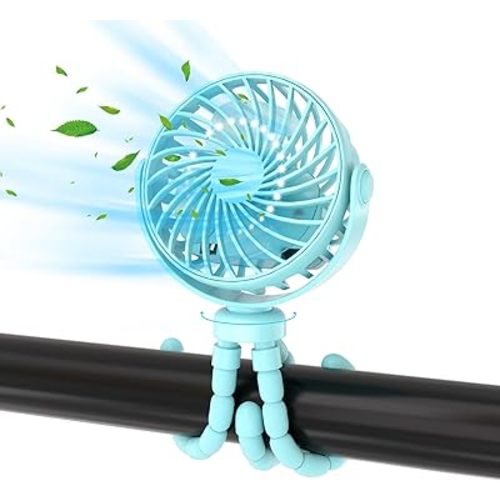 Mini Portable Stroller Fan, Battery Powered Clip On, Detachable 3 Speed 360° Rotating Flexible Handheld Tripod Fan for Car Seat Crib Treadmill Travel, Blue
