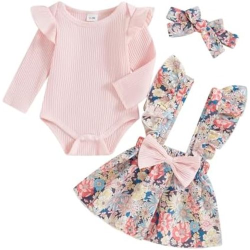 Newborn Baby Girl Clothes Ruffles Long Sleeve Romper Floral Suspender Skirt Set with Headband Girl Clothes 2Pcs