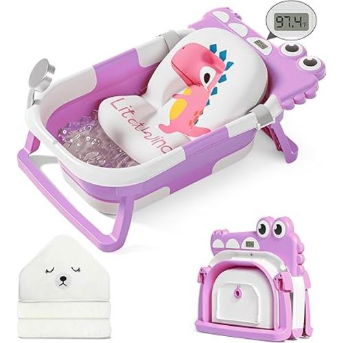 MoreFeel Collapsible Baby Bathtub for Newborn with Thermometer & 1 Hooded Towel & 1 Soft Floating Cushion,Portable Travel Bathtub with Drain Hole, Durable Foldable Baby Tubs for Infants to Toddler