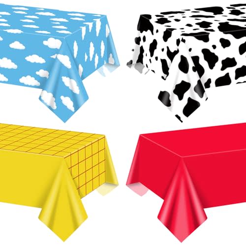 4 Pack Story Tablecloths Plastic Disposable Rectangle Story Birthday Table Cover Cow Pattern Printed Check Tablecover Birthday Party Supplies for Boy Baby Shower Decorations 87 x 51 inch