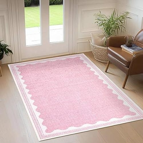 Scalloped Rug 3x5 Rugs for Entryway, Small Area Rug Solid Pink Rug for Bedroom Girls, 3x5 Washable Rug for Living Room, Non Slip Scalloped Bath Mat, Soft Dorm Nursery Carpet for Bedside