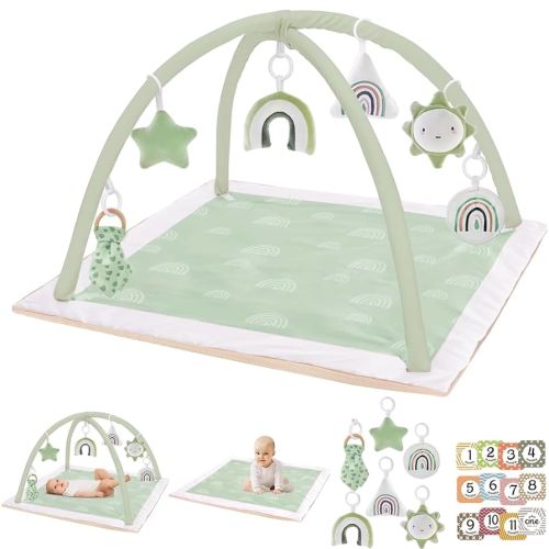 Washable Tummy Time Mat, Baby Play Gym with 6 Featured Toys, Baby Gym for Infant & Toddler, Larger Baby Play Mat, Deluxe Baby Play Mats for Floor, Sensory and Motor Skill Development, Non Slip, Green