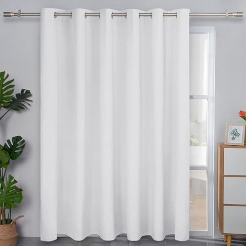 Easy-Going Linen Textured 100% Blackout Curtain 100x96 Inch Extra Wide Patio Sliding Door Curtain Solid Thermal Insulated Room Curtain for Bedroom, Living Room (1 Panel, White) - 100"Wx96"L