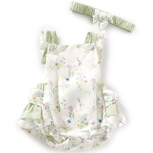 Rare Editions Baby Girls Flutter-Sleeve Mixed-Media Striped/Floral Bodysuit