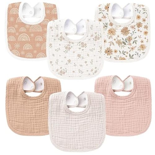 Konssy 6-Pack Muslin Baby Bibs for Boys & Girls, Soft Cotton Absorbent Bandana Drool Bibs for Drooling & Teething