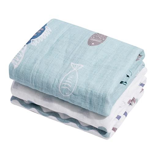ONLYCUBBYA Muslin Baby Quilt 100% Cotton Newborn Blanket 47" X 47" 2 Layers Muslin Swaddle for Boy and Girl (Ocean Series)