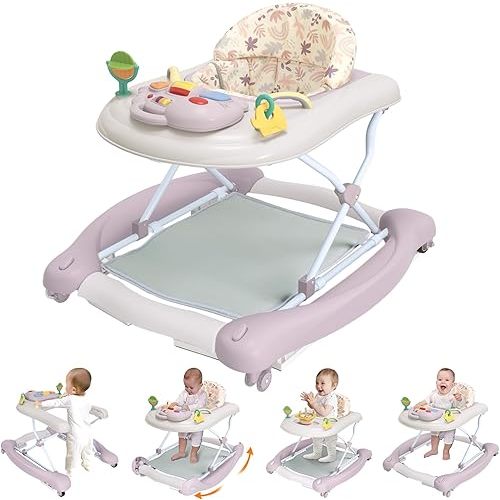 Foldable Baby 5-in-1 Activity Walker - Rocker, Activity Center, Bouncer, Seat Walker, Push Walker - Adjustable Speed Rear Wheels and Height Toys Ages 6-18 Months… (Purple)