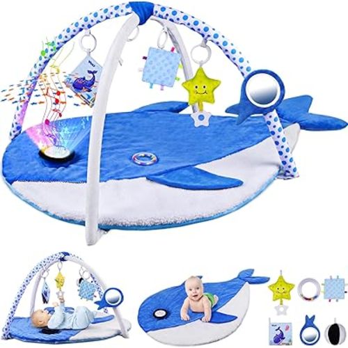 Baby Play Gym Mat w Projector, Tummy Time Mat w 6 Detachable Toys for Newborn, Oversize Whale Shaped Activity Mat for Baby 0-3 6 9 12 Months, Musical/Motor Skill Development Baby Essentials Gift