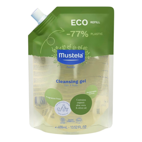 Mustela Certified Organic Cleansing Gel - Natural Hair & Body Wash with Olive Oil & Aloe Vera - For Baby, Kid & Adult - Fragrance Free, Tear Free, Vegan & Biodegradable - 13.52 fl. oz.
