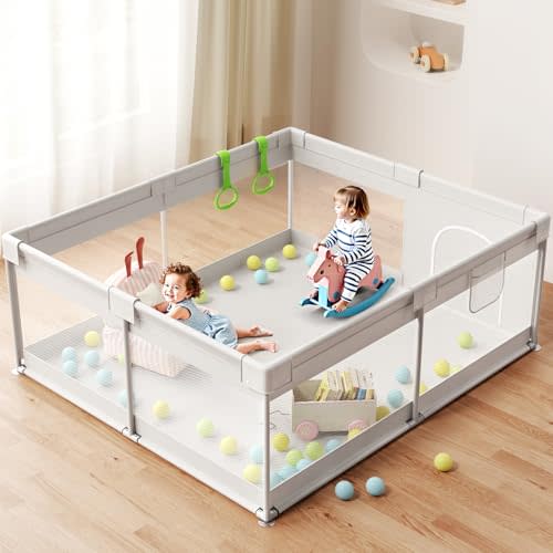 ZEEBABA Baby Playpen, 69×59in Large Pen for Babies and Toddlers, Transparent Mesh, No-Tool Installation, Gray with Door, Separates Baby from Pets, Sturdy Steel Frame