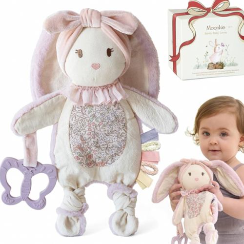 Moonkie Baby Lovey with Silicone Teether, Bunny Security Blanket with Textured Ribbons, Crinkle Toys, Soft Minky Velour & Natural Cotton, Newborn Girl Gift for Baby Shower or Birthday