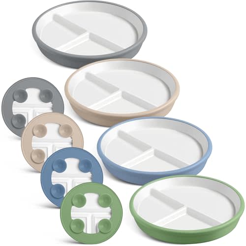 Domensi 8" Porcelain Kids Plates with Anti-slip Silicone Sleeve White Divided Porcelain Plates with Suction for Toddler Microwave Dishwasher Friendly(Dark Blue, Dark Green, Gray, Beige,4 Pcs)