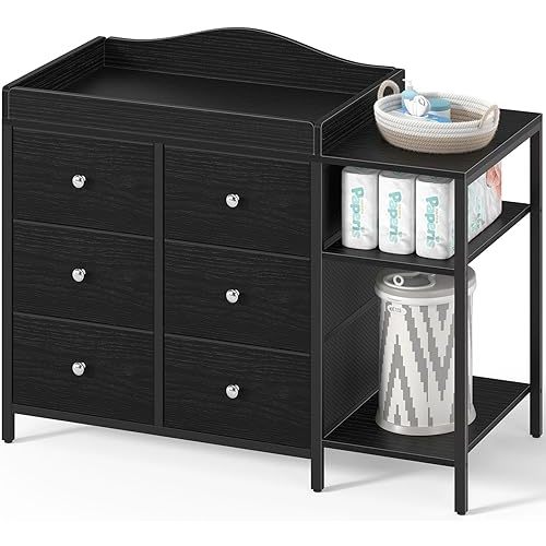 BOLUO Baby Dresser with Changing Table Top, Black Changing Table Dresser with 6 Fabric Drawers Diaper Changing Station with Storage Shelf for Nursery Modern