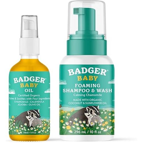 Badger Baby Oil and Baby Wash Bundle - Baby Oil with Chamomile and Calendula, Baby Wash Calming Chamomile - All Organic and Gentle for Newborn or Toddler