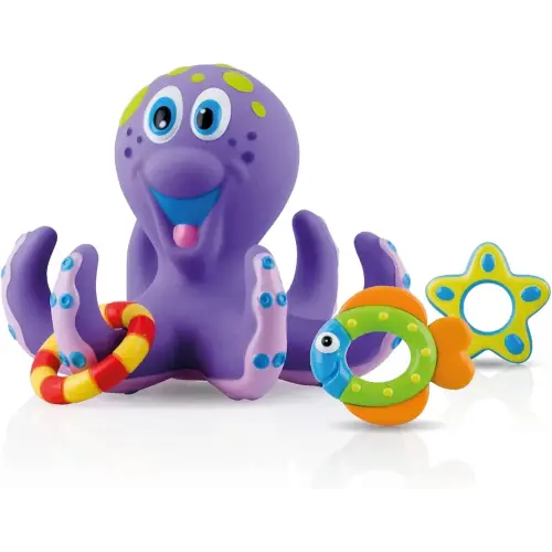 Nuby Floating Octopus Toy with 3 Hoopla Rings - Baby Bath Toy for Boys and Girls - 18+ Months - Purple (Pack of 1)
