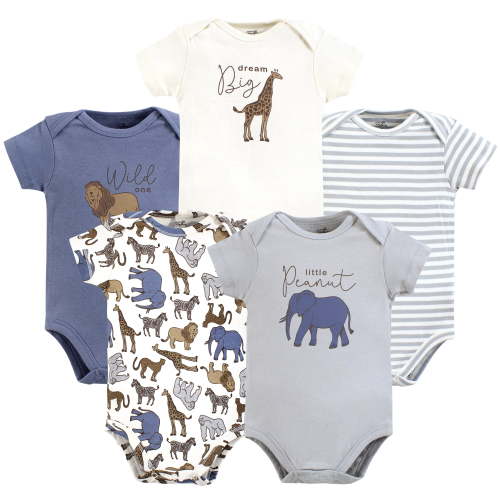 Touched by Nature Unisex Baby Organic Cotton Bodysuits, Classic Safari, 0-3 Months