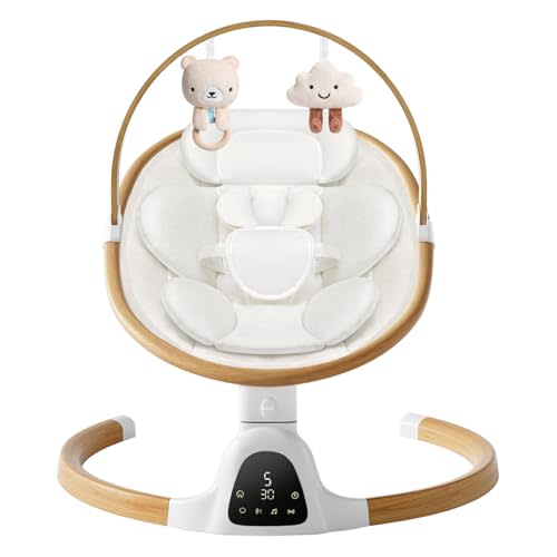 Baby Swings for Infants, Electric Infant Swing with 5 Speed Modes, 5-Point Harness, 3 Timer Settings, Built-in Songs & Bluetooth, Portable Modern Swing for Indoor & Outdoor (White)