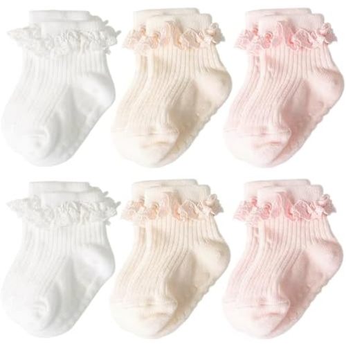 AQOKKA Baby Girl Toddlers Socks with Non-slip Grip Cute Frilly Ruffle Ankle Soft Cotton Newborn Baby Socks for Infant Kids