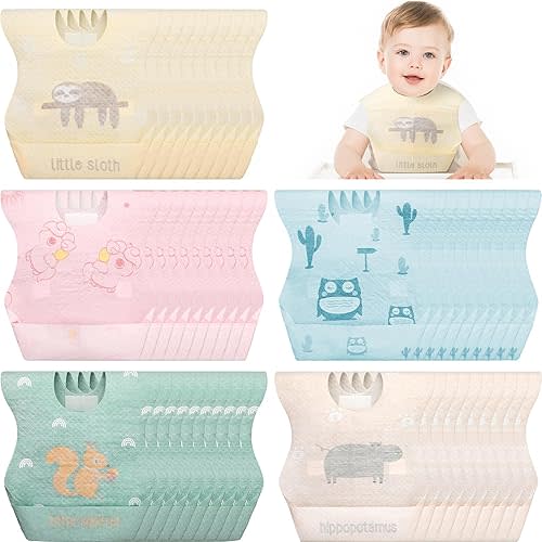 Shinymoon 100 Pcs Disposable Baby Bibs Individual Wrapped Travel Bibs Waterproof Food Catcher for Toddlers Girls Boys Feeding